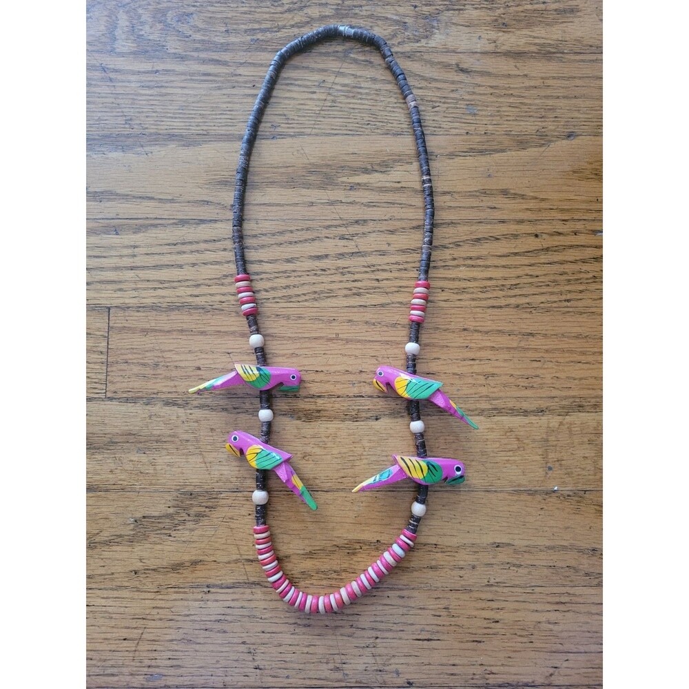 Vintage Hand Carved Hand Painted Boho Wooden Parrot Necklace Colorful